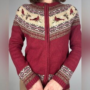 Vintage Red and Cream Knitted Zip Up Sweater with Embroidered Cardinals